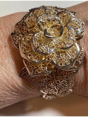Filigree Rose Statement Cuff Bracelet With Intricate Leaf Design Fits 6-8” Wrist
